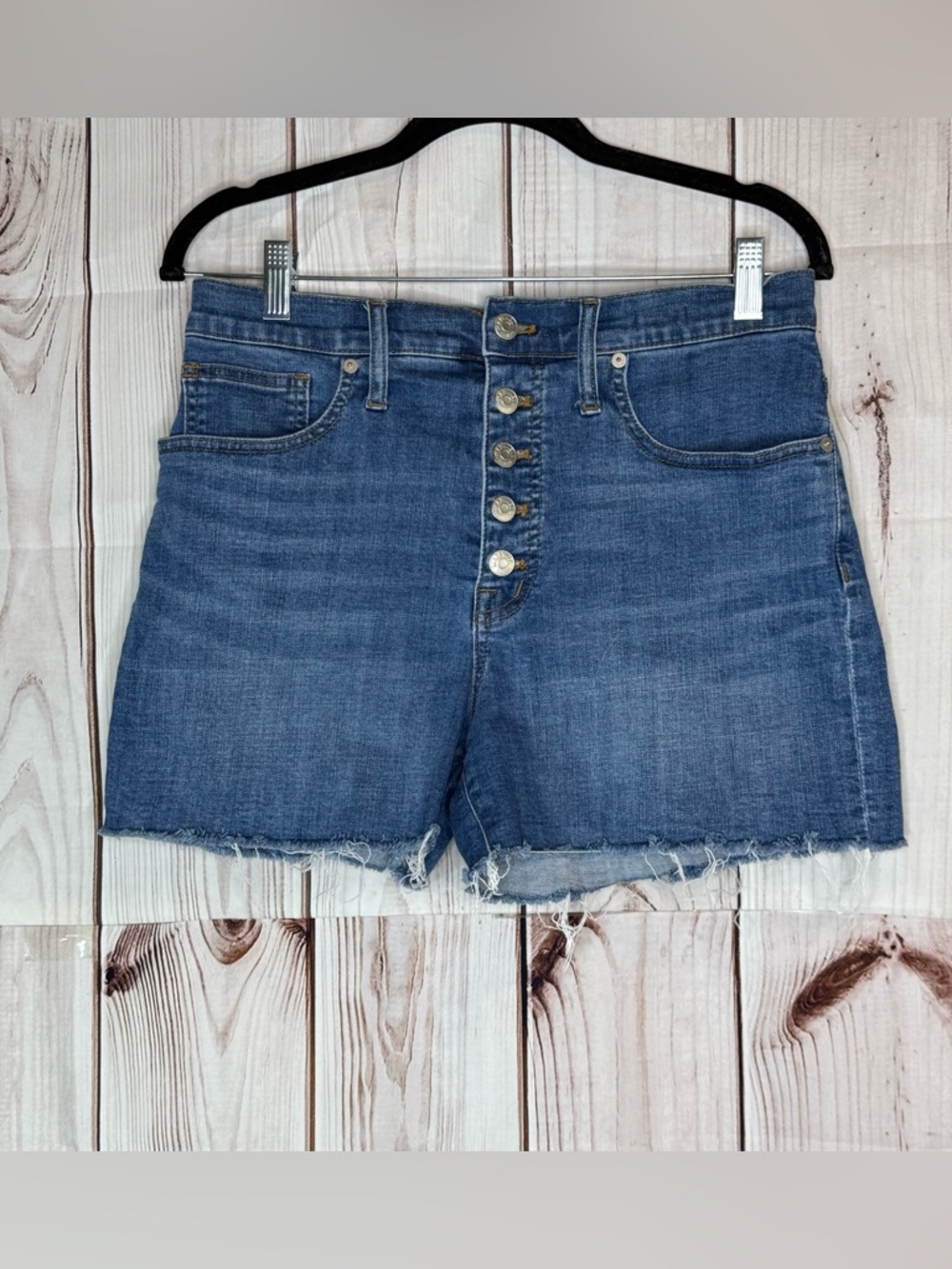 MADEWELL HIGH-RISE DENIM SHORTS WITH EXPOSED BUTTON FLY